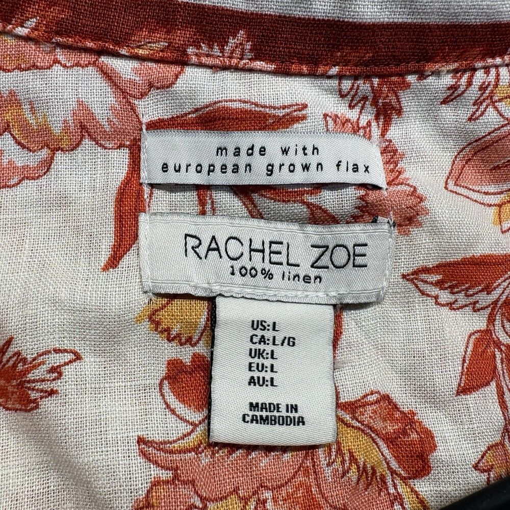 Rachel Zoe Size Large 100% Linen Floral Button Front Blouse Roll Tab Lagenlook - Picture 6 of 8